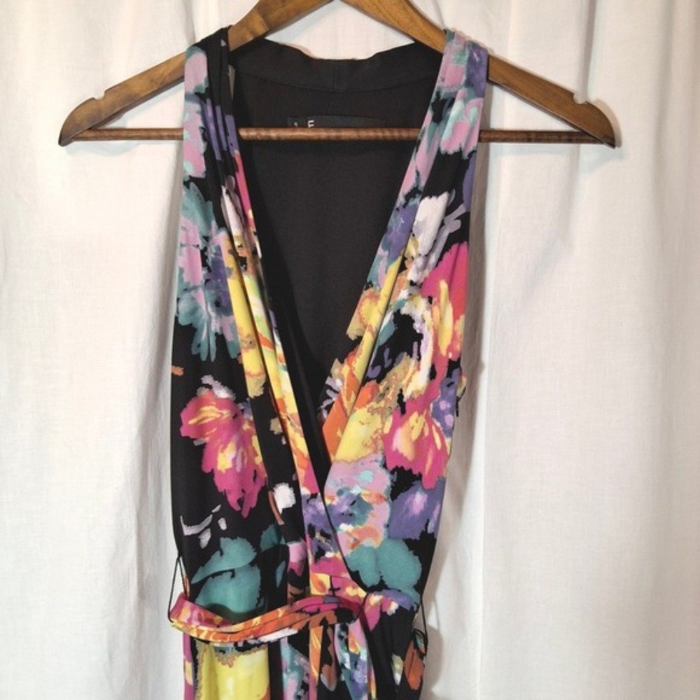 Leslie Fay Womens Floral Faux Wrap Maxi Dress‎ Black Pink Yellow Sleeveless Sz 6